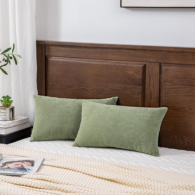 GAWAMAY Lumbar Decorative Rectangle Throw Pillow Covers 12"x20" Inch Set of 2, Super Soft Chenille Throw Pillowcase for Sofa Living Room Bedroom Couch Cushion Cover Sage Green 30x50cm (ONLY Covers)