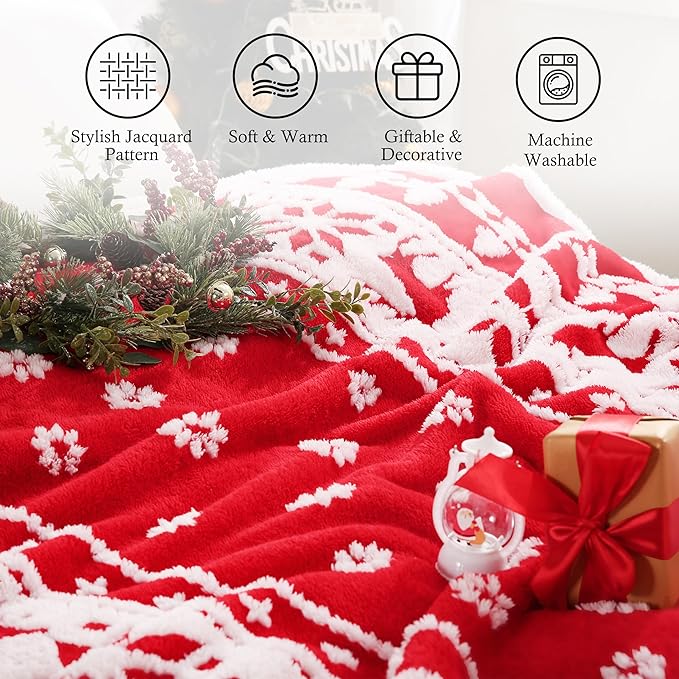 SOCHOW Christmas Holiday Jacquard Sherpa Fleece Throw Blanket, Fuzzy Warm Super Soft Reversible Plush Blanket for Bed, Sofa and Couch, 50 x 60 inches, Red