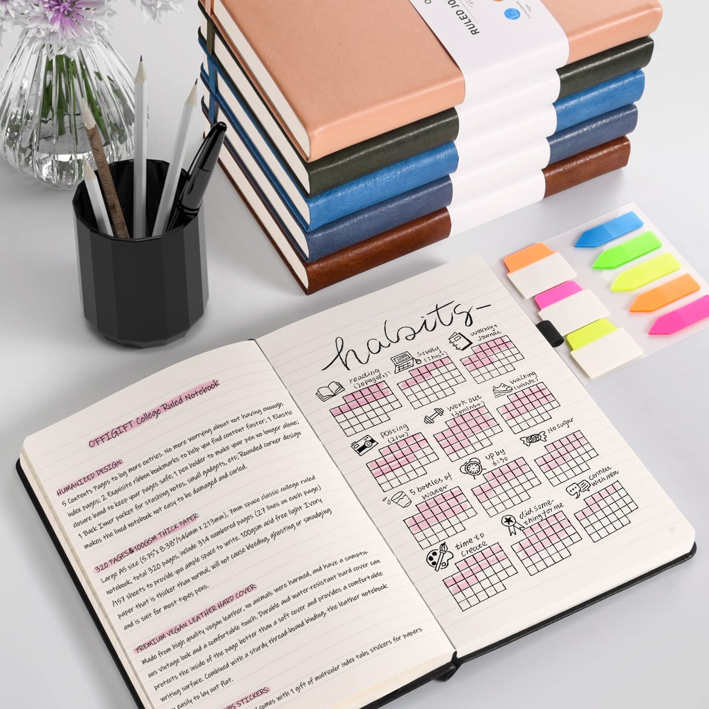 5 Pack College Ruled Notebook, 312 Numbered Pages Thick Notebooks Bulk, 100gsm No Bleed Paper Hardcover Leather Journal, Lined Journal Notebook Set for Women Men School Office, A5, Multicolor