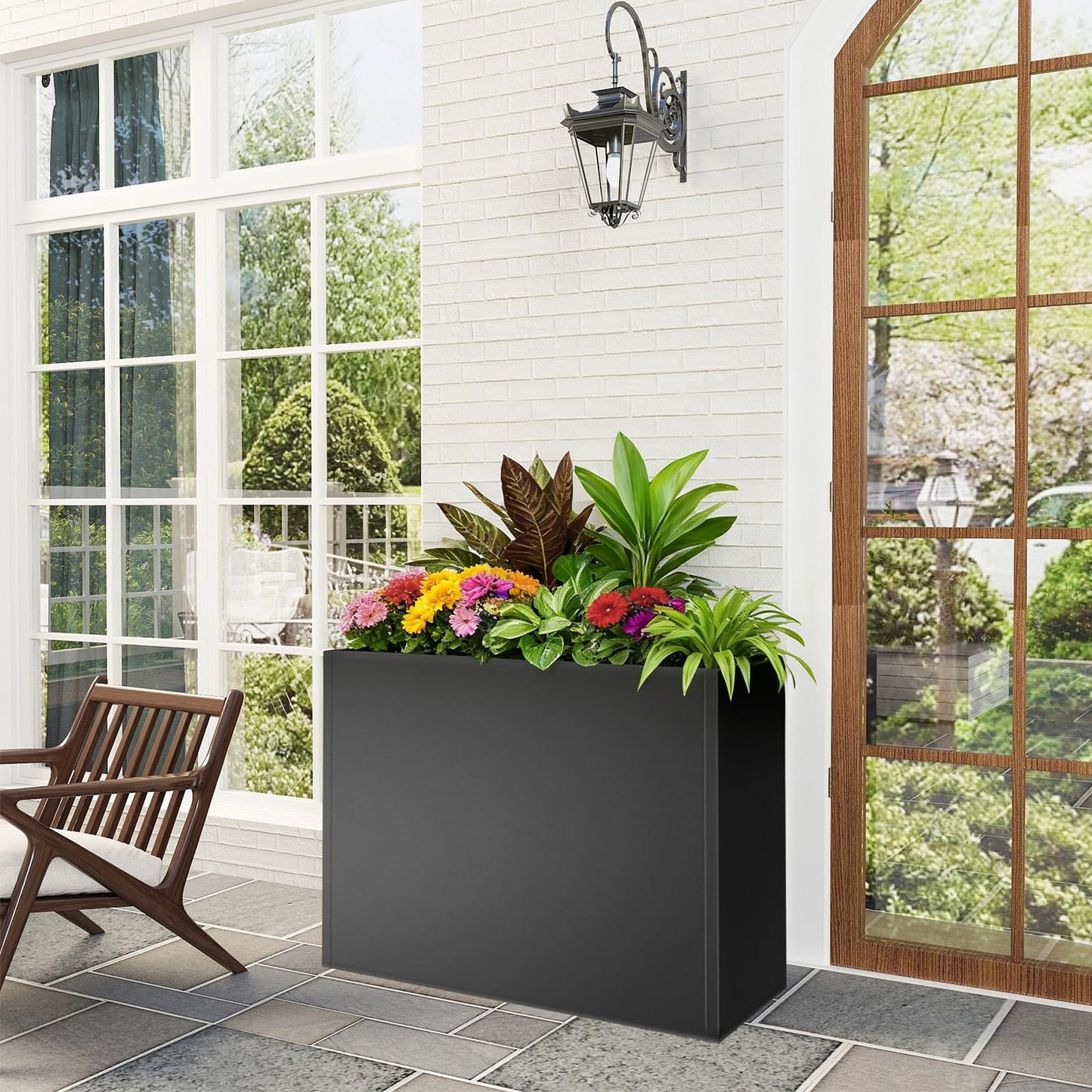 Nessxa Metal Planter Box for Outdoor Plants 38" L x 13" W x 30" H, Heavy Duty Steel Large Rectangular Planter Box with Removable Insert Shelf, Modern Décor for Tall Plants, Trees, Flowers (Black)