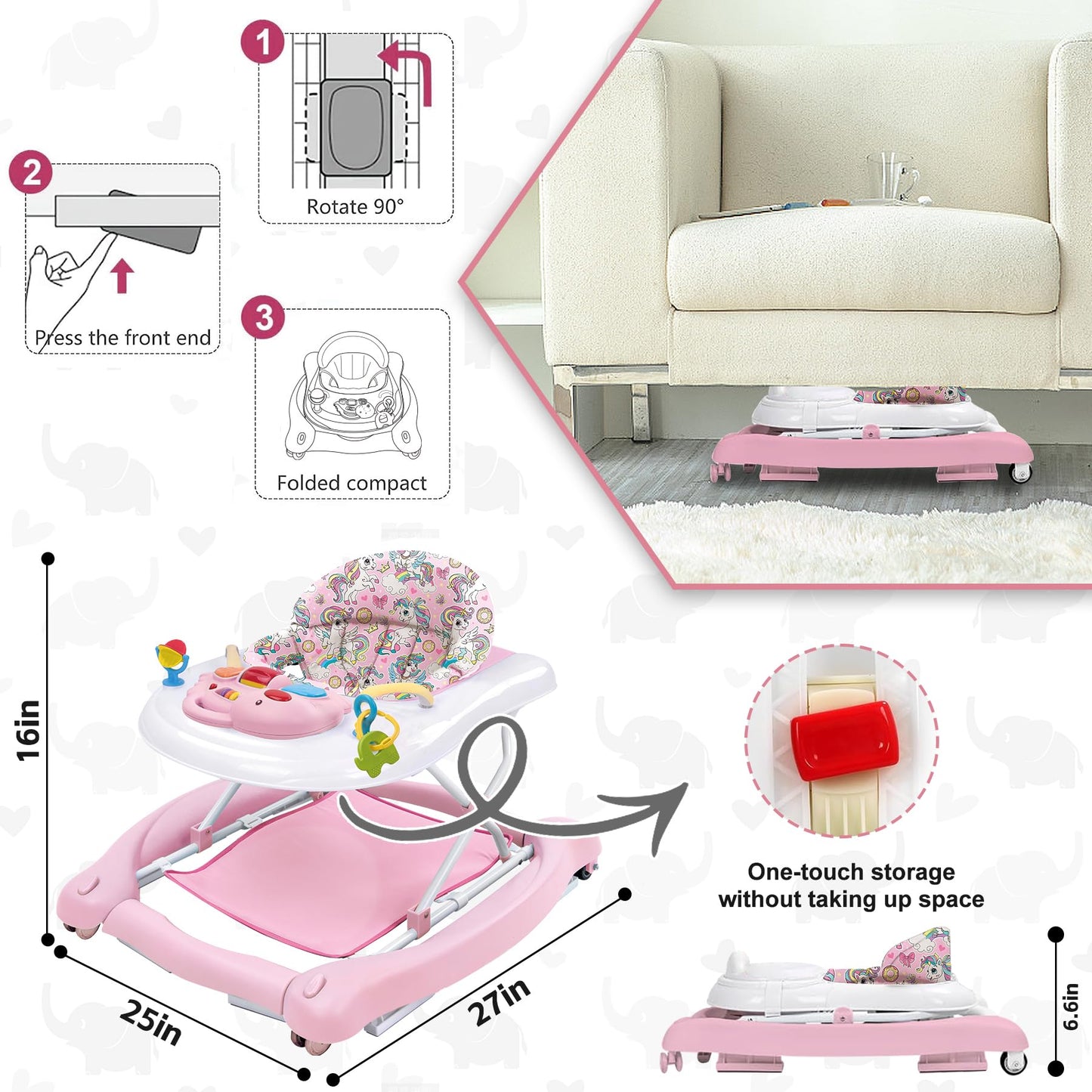 Foldable Baby 5-in-1 Activity Walker - Rocker, Activity Center, Bouncer, Seat Walker, Push Walker - Adjustable Speed Rear Wheels and Height Toys Ages 6-18 Months(Pink)