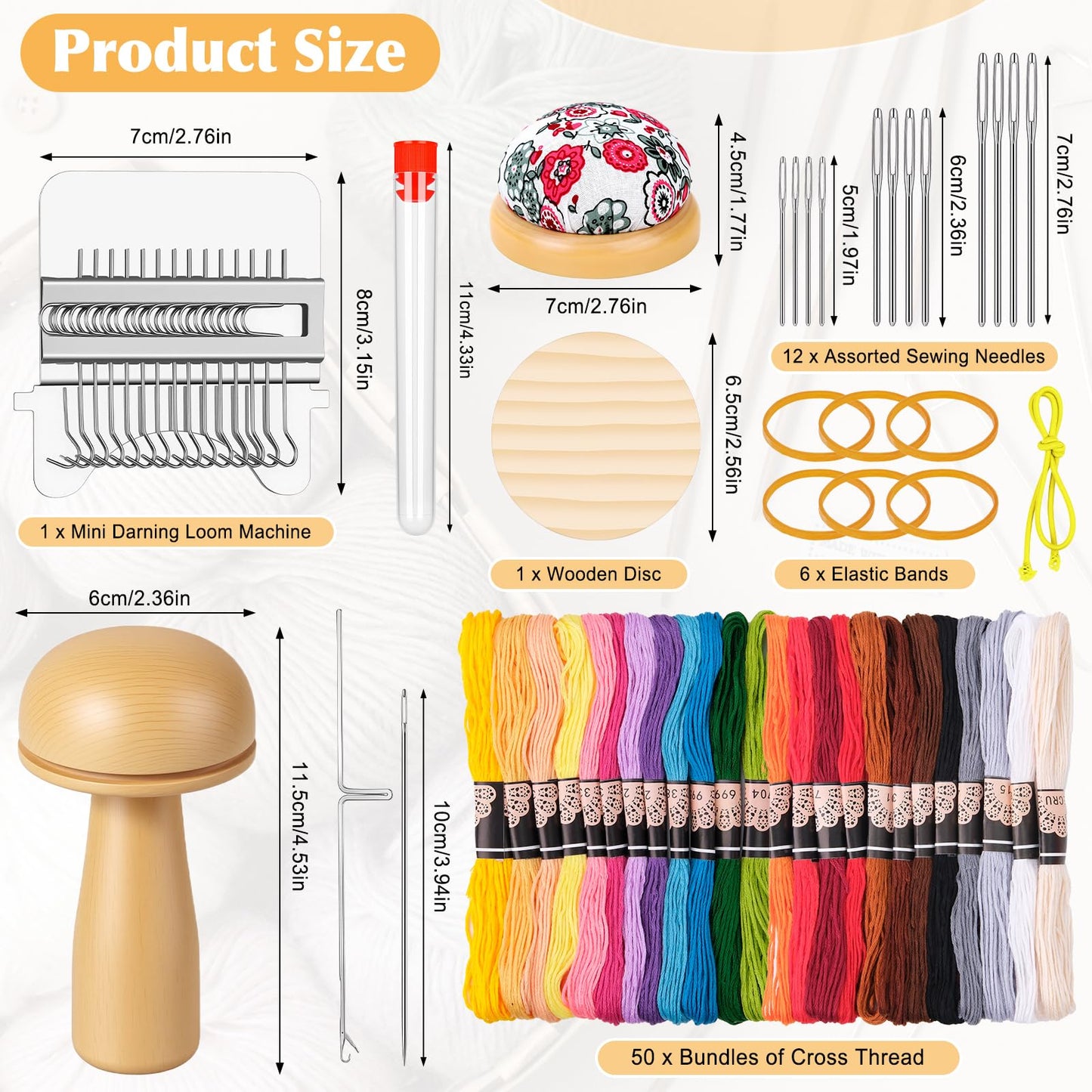 Meetory Knit Patch - Mushroom Mini Darning Loom, Knitpatch Kit with 14 Hooks Small Weaving Loom 14 Pcs Large Eye Needles 50 Color Threads for Handcraft DIY Weaving Repair Tool for Mending Jeans Socks