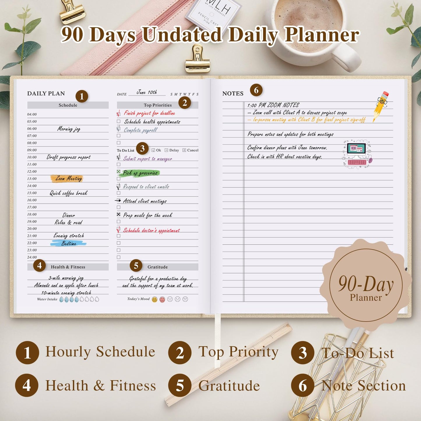Lanpn Undated Daily Planner Hourly Schedule Notebook, 196 Pages 2 Page per Day To Do List Notebook Notepad Appointment Work Planner, Hardcover Daily Journal Organizer Book For Women 7.7" x 9.3" Beige