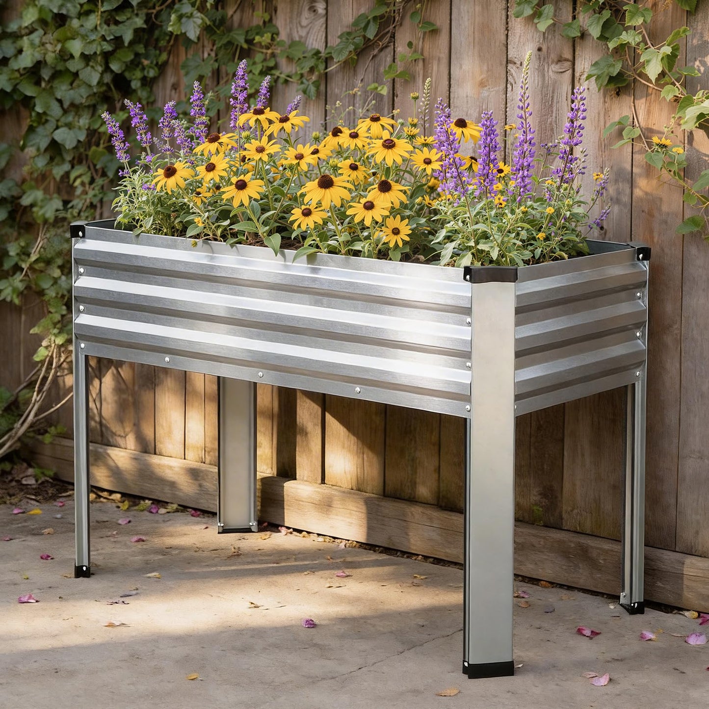 Galvanized Raised Garden Bed with Legs, 48x24x32in Elevated Raised Garden Bed Outdoor with Drainage Holes, Planter Boxes for Gardening Vegetable Flower Fruit in Backyard, Patio, Balcony (Silver)