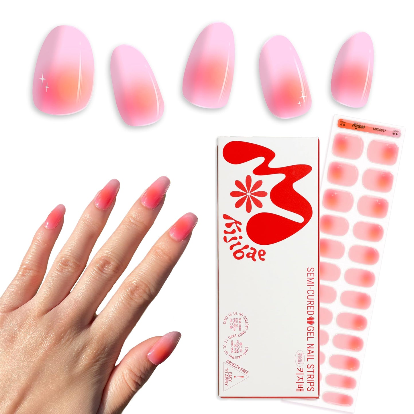 Kijibae Semi Cured Gel Polish Strips | 24pc UV LED Required Wraps | Gift Peel and Stick Nails | Coquette DIY Home Manicure | Press On Alternative (Rainbow Sherbet)