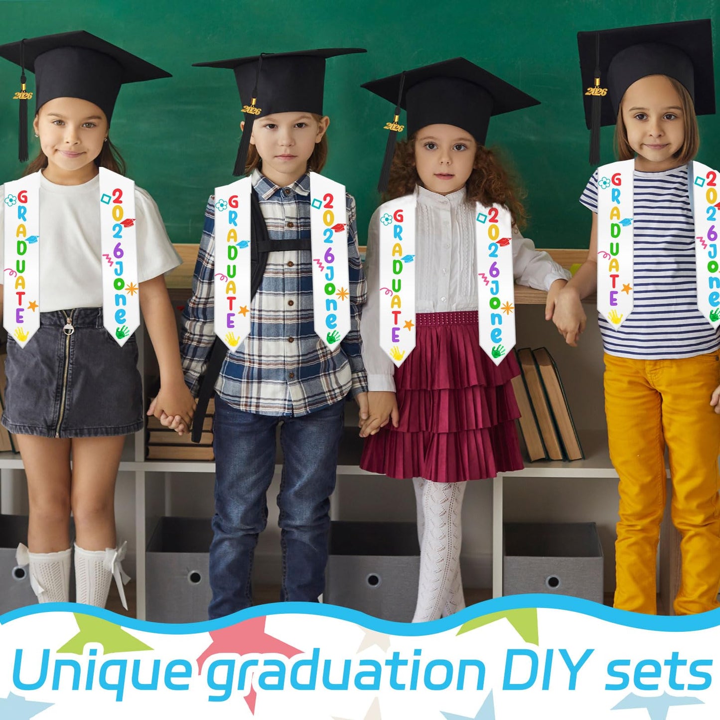 8 Pcs 2026 Preschool Kindergarten Graduation Cap Stole Iron on Decal Set Graduation Cap and Sash Blank Stole Graduation Gifts for DIY Crafts Kit