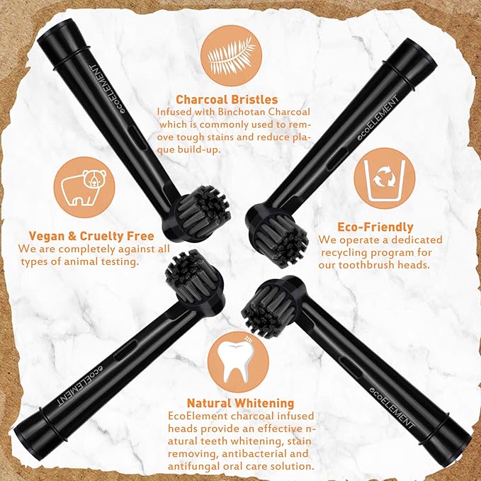 Replacement Toothbrush Heads Compatible with Oral B - ecoELEMENT 4 Pack Electric Toothbrush Heads Brush Heads Recyclable Charcoal for Oral Hygiene Soft Sensitive Professional Toothbrush Heads