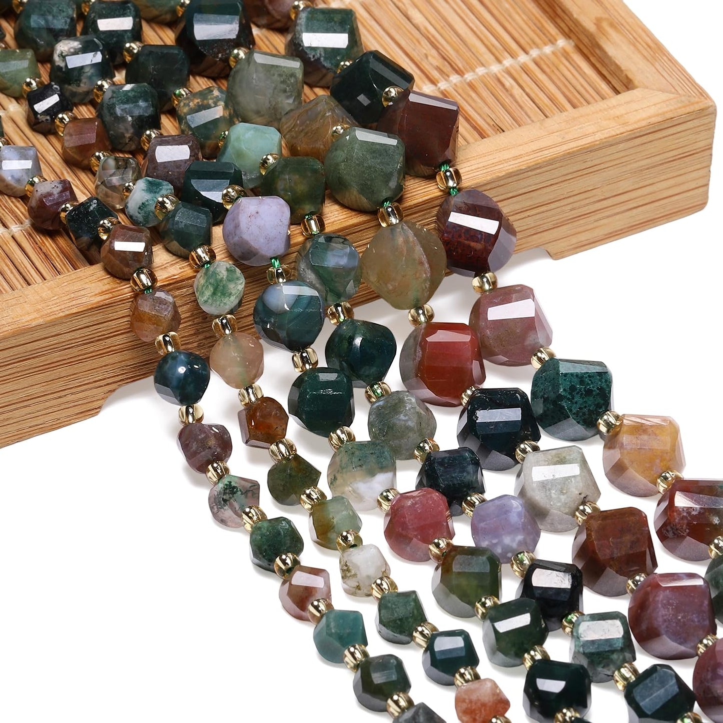 Yochus 42pcs Natural Indian Agate Stone Beads for Bracelet，2strands 6mm Facted Twist Loose Gemstone Beads for Jewelry Making DIY Craft Necklace Earring