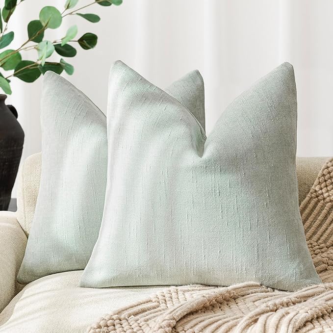 Foindtower Set of 2 Soft Textured Chenille Throw Decorative Pillow Covers Square Accent Solid Cushion Cover Cozy Neutral Farmhouse Pillow Case for Couch Sofa Bedroom Living Room 16x16 Inch, Sage Green