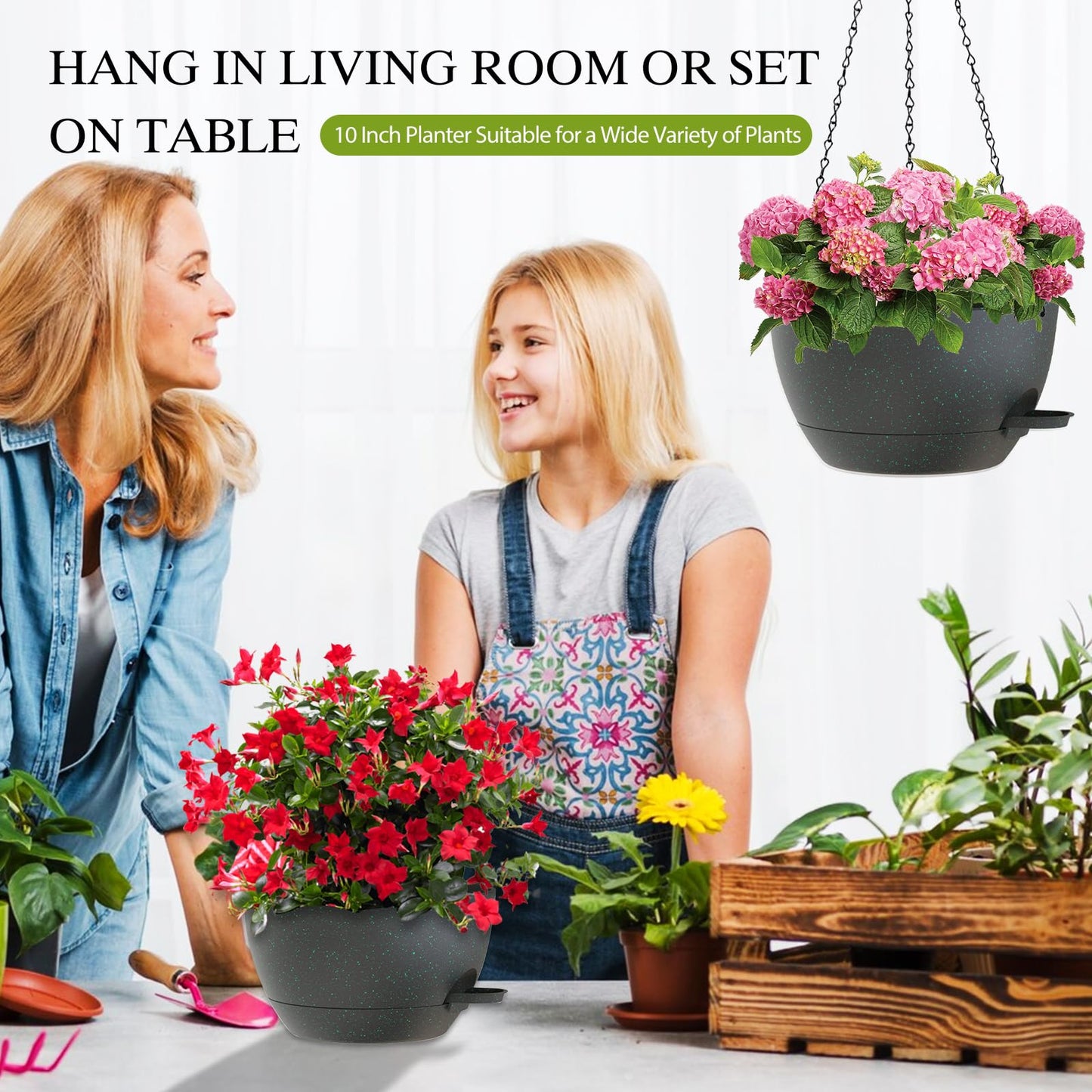 SQKH 10 Inch Hanging Baskets 2 PC with Chains, Self-Watering Hanging Planters for Indoor Outdoor Plants, Plastic Hanging Flower Pots,Black with Green Speckles