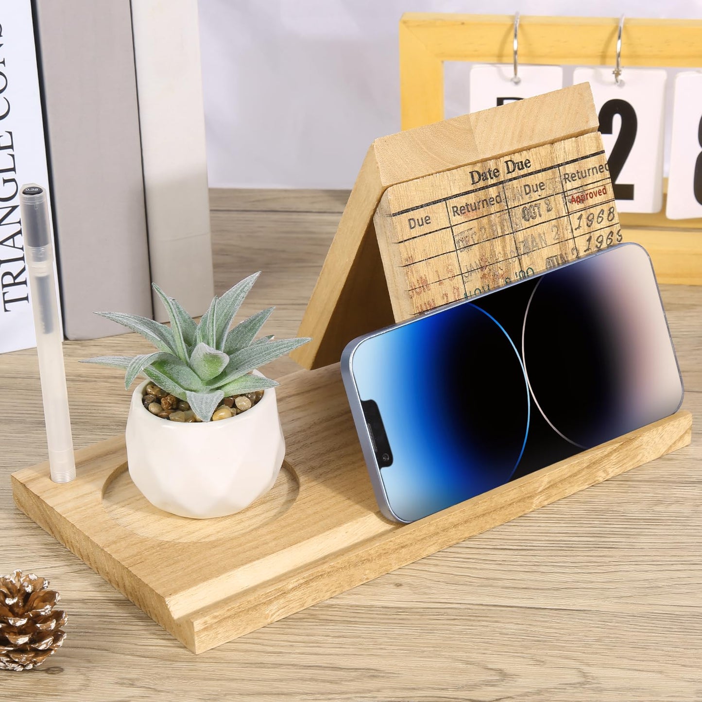 Wooden Triangle Book Stand with Drink Holder, Library Card Design Book Holder Page Rest, Night Stand Book Holder with Pen Slot, Gift for Book Lovers, Readers, Librarians, Writers