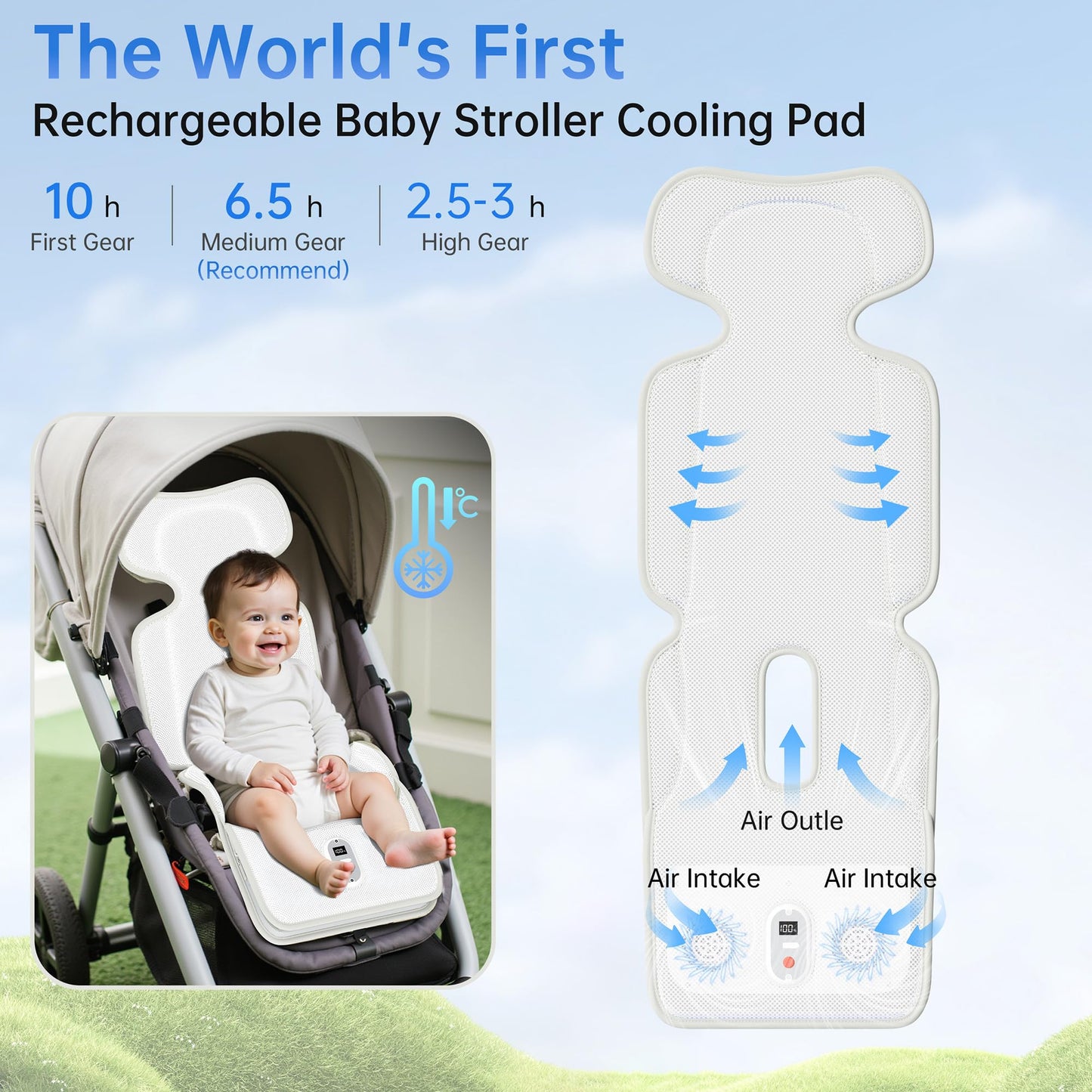 PANERGY Baby Stroller Cooling Pad, 3D Breathable Carseat Cooling Pad with 2 Built-in Blower, Max 10H Ventilation 3 Speeds 10000mAh Rechargeable Cooling Mat Liner for Toddler Baby Summer Essentials