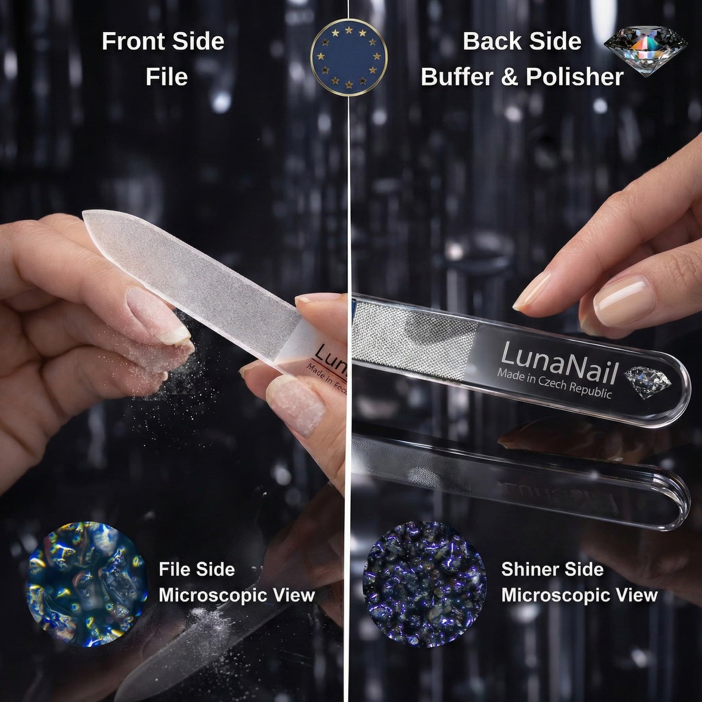 LunaNail Nano Czech Glass Nail File & Buffer 2-in-1, Velvet Case, Crystal Polisher, Mirror-Shine, Keratin-Sealing, Travel Friendly