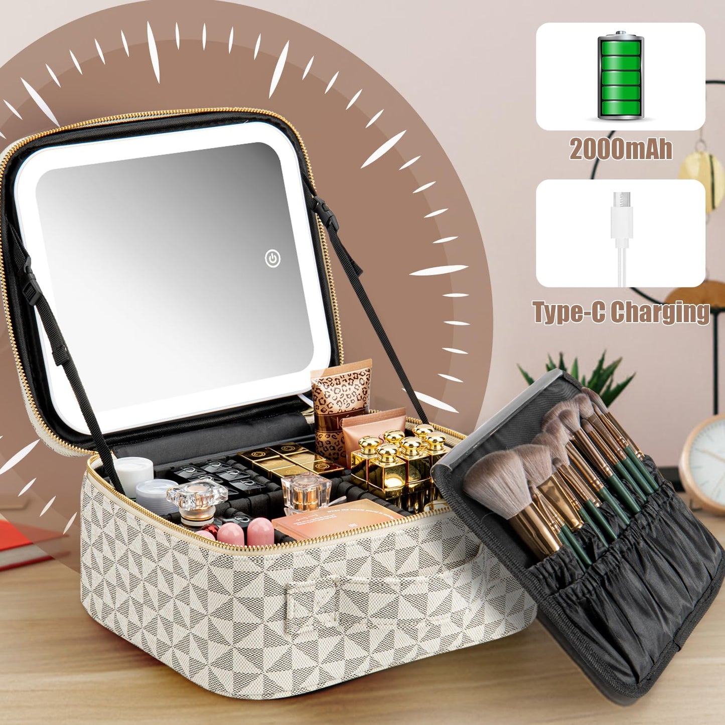 Extrei Gent Makeup Travel Train Case with Mirror LED Light 3 Adjustable Brightness Large Cosmetic Bag Portable Storage Adjustable Partition Waterproof Makeup Brushes Make up Jewelry Gift for Women