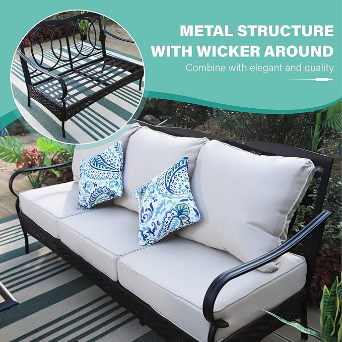 MFSTUDIO Outdoor Patio Furniture Set, 3-Seat Metal Patio Conversation Sofa, Outdoor Rattan Wicker Conversation Sofa Set with Cushion for Garden Porch Poolside,450 LBS