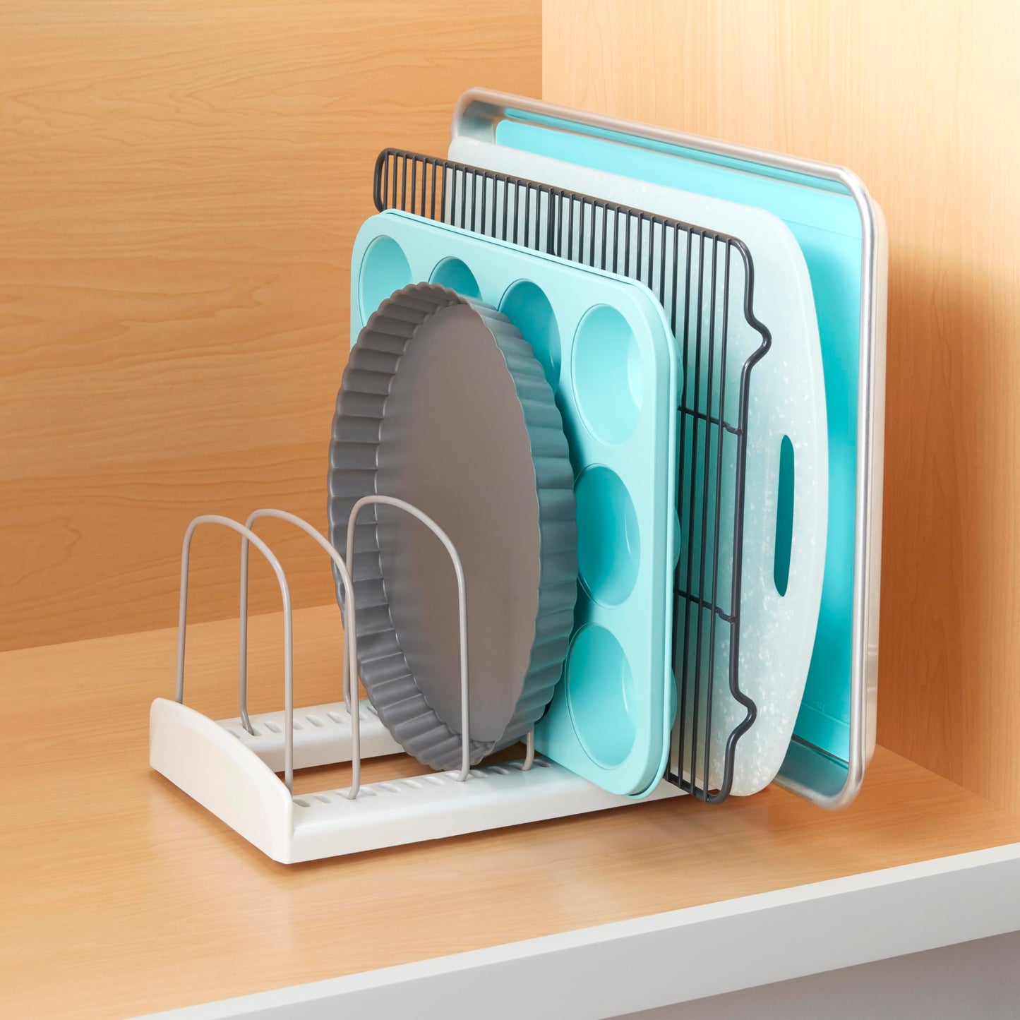 YouCopia StoreMore Bakeware Rack with Tall Steel Wires, Adjustable Pan and Lid Organizer, Classic Edition – White, Alloy Steel & Plastic, 11.5”W x 7.3”D x 6.4”H, Customizable Shelf