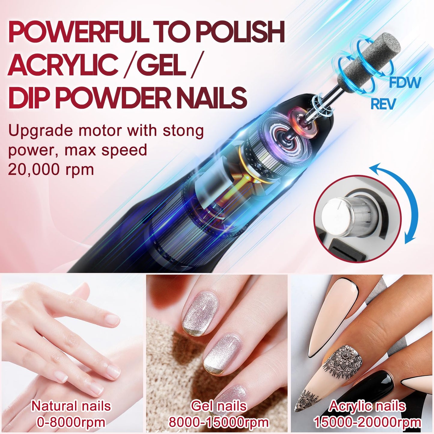 Electric Nail Drill Machine Professional Nails File Kit for Acrylic Nail Gel Dip Powder Art Shape Remover Tool Polisher Grinder Low Noise Manicure Pedicure Set with 156pcs Sanding Bands (Black)