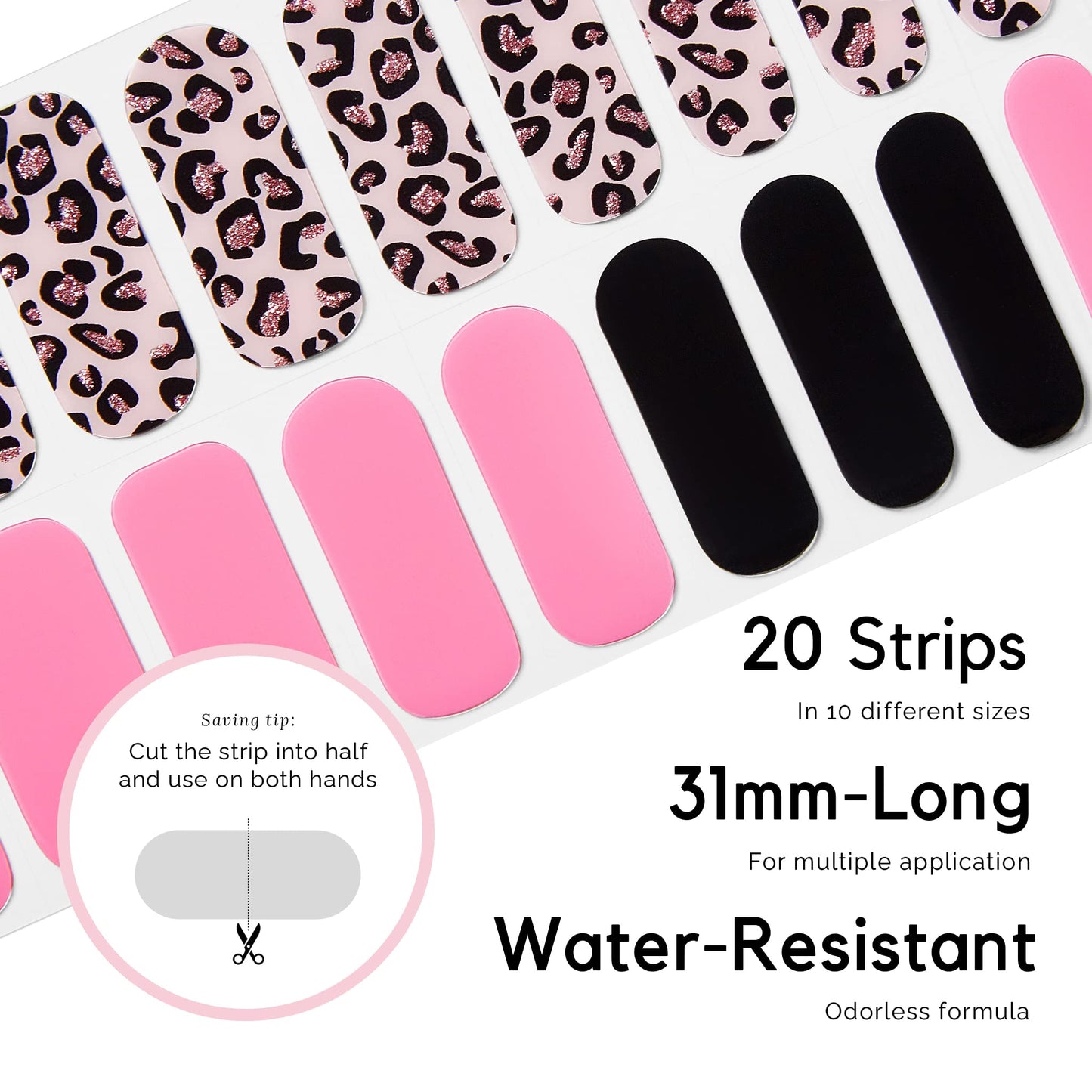 NAILOG Semi Cured Gel Nail Strips (20 Extra Long Polish Stickers/Wraps) │ Glossy & Long Lasting Soft Gel Finishing │Pink Leopard