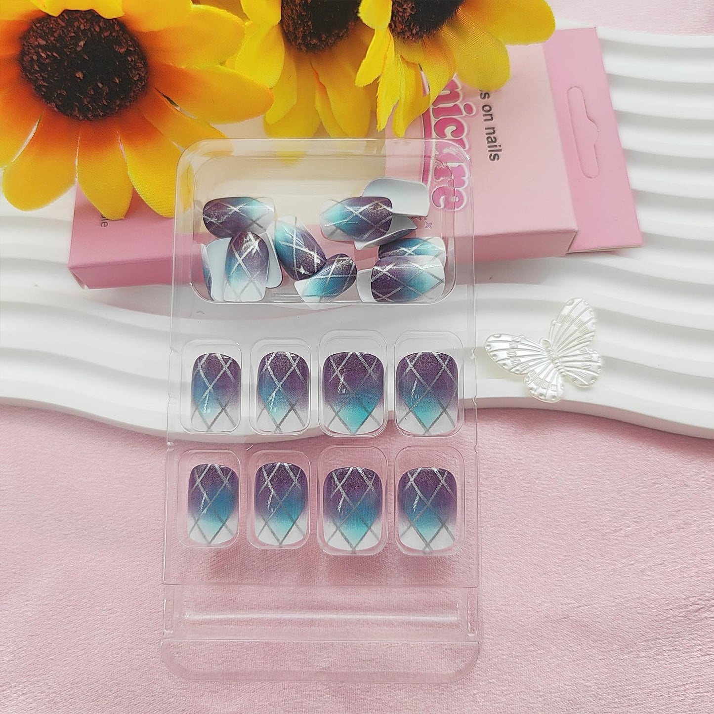 Acrylic Press on Nails Square Short Fake Nails with Lines Designs Purple Blue Ombre Nails Press ons Glossy Glue on Nails Daily Wear Simple Artificial Stick on Nails for Women 24Pcs