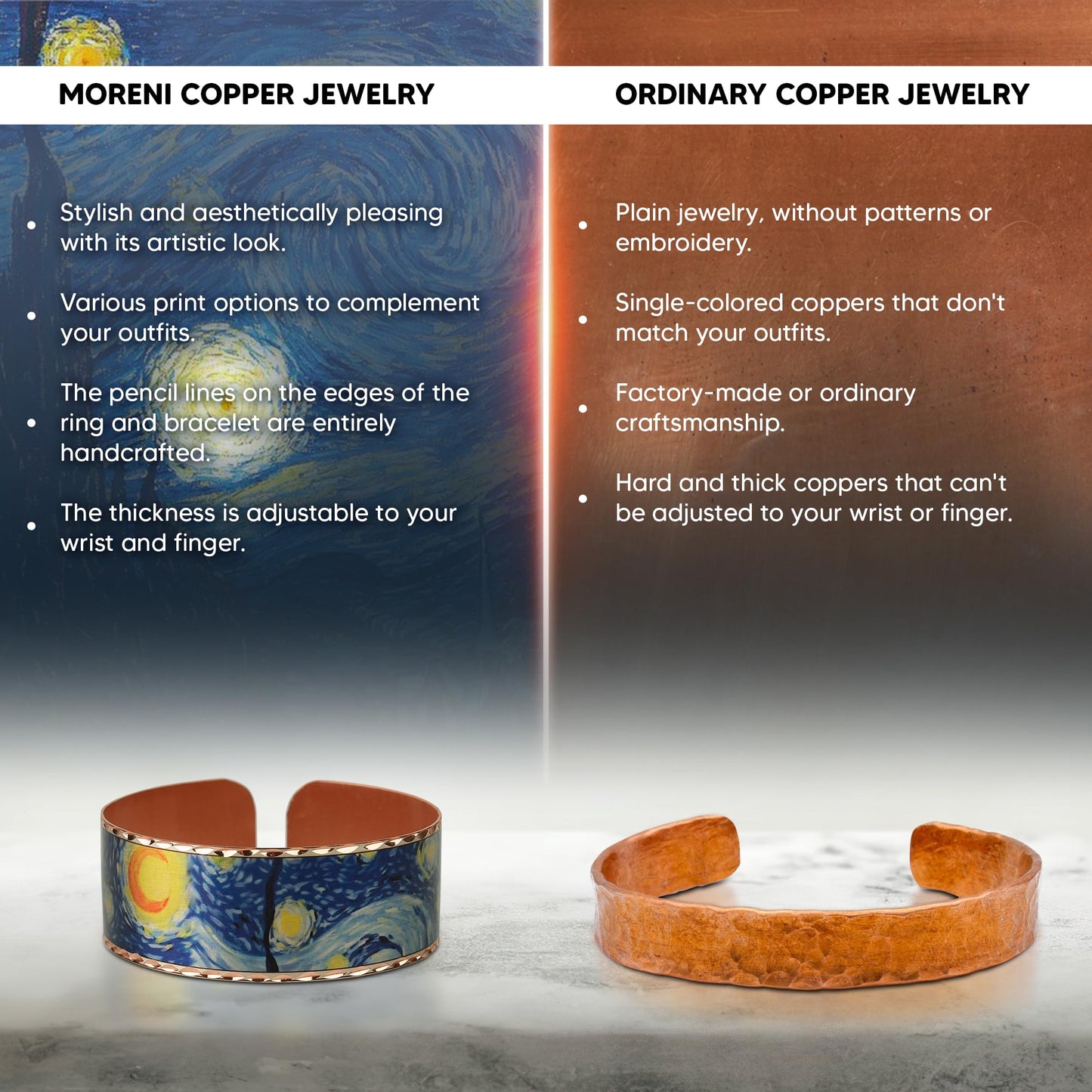 Moreni Copper Bracelet for Men & Women – Handmade Engraved Cuff Inspired by “The Starry Night” – Artistic Pure Copper Jewelry with Gift Wooden Box