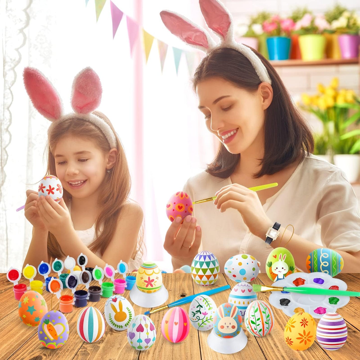 SpringFlower White Easter Eggs Painting Kit-24 Paintable Flocking Eggs with Doodle Kit for DIY Design-Hanging Flocking Eggs with Rope for Easter Decoration,Egg Hunts,Basket Stuffers & Essentials