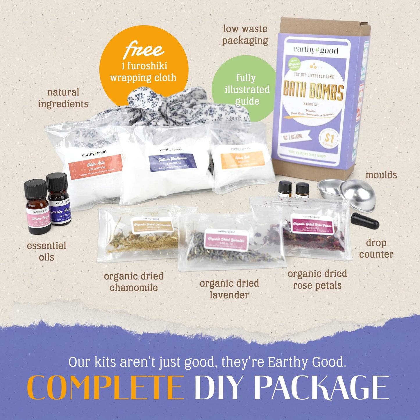 Earthy Good DIY Bath Bomb Kit With Organic Ingredients 100% Natural Includes: Essential Oils, Dried Rose, Chamomile & Lavender, Molds, Guide & More- Includes Furoshiki Cloth- Makes 10 Mini Bath Bombs