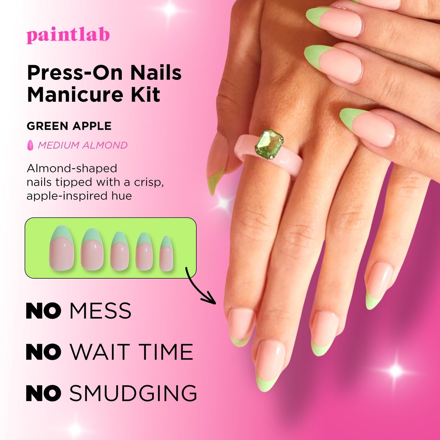 PaintLab Press On Nails - Green Apple French Tip Almond Fake Nails, 30 Nails in 15 Sizes with Glue, Reusable Salon Quality Press On Nails