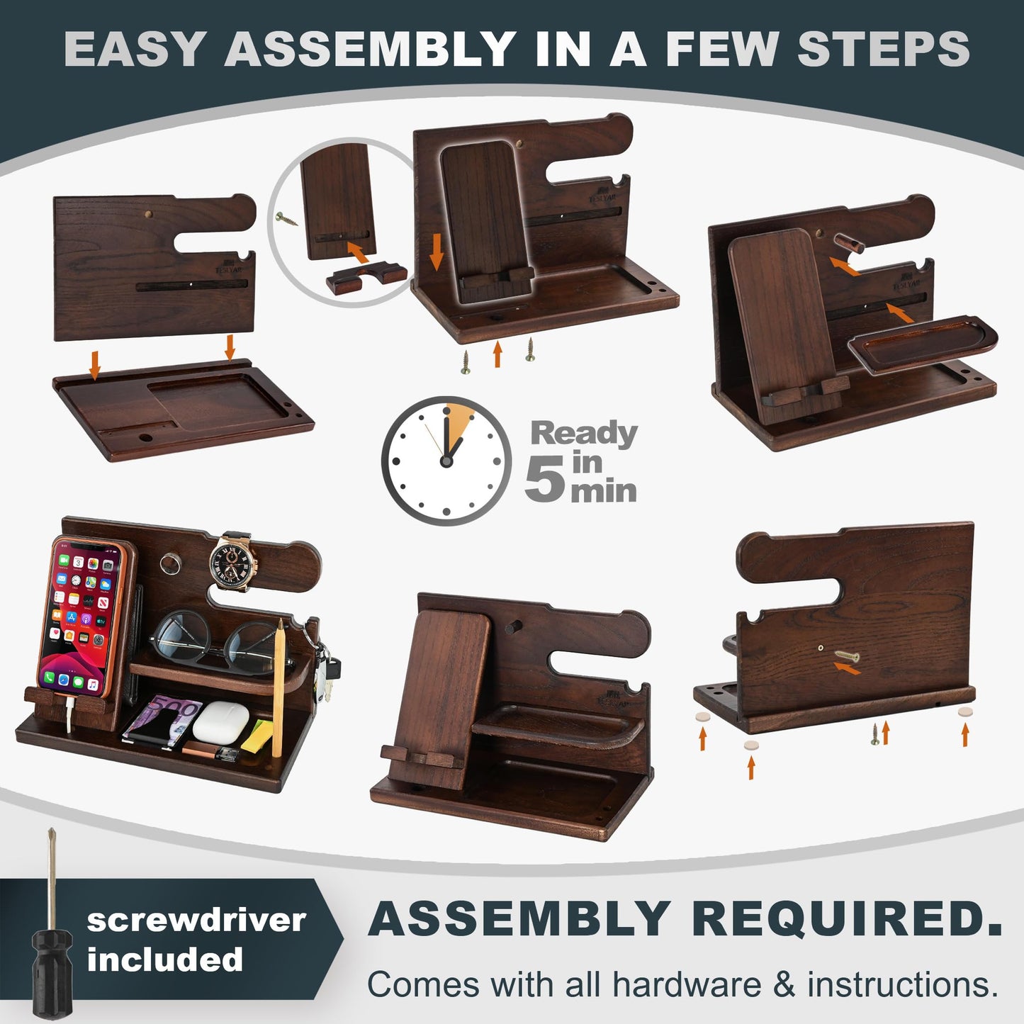 TESLYAR Wood Phone Docking Station for Men - Desk or Nightstand Organizer - Birthday Gifts for Husband, Dad - Anniversary Idea from Wife - Key Holder, Stand Wallet, Watch, Essentials (Chocolate Brown)