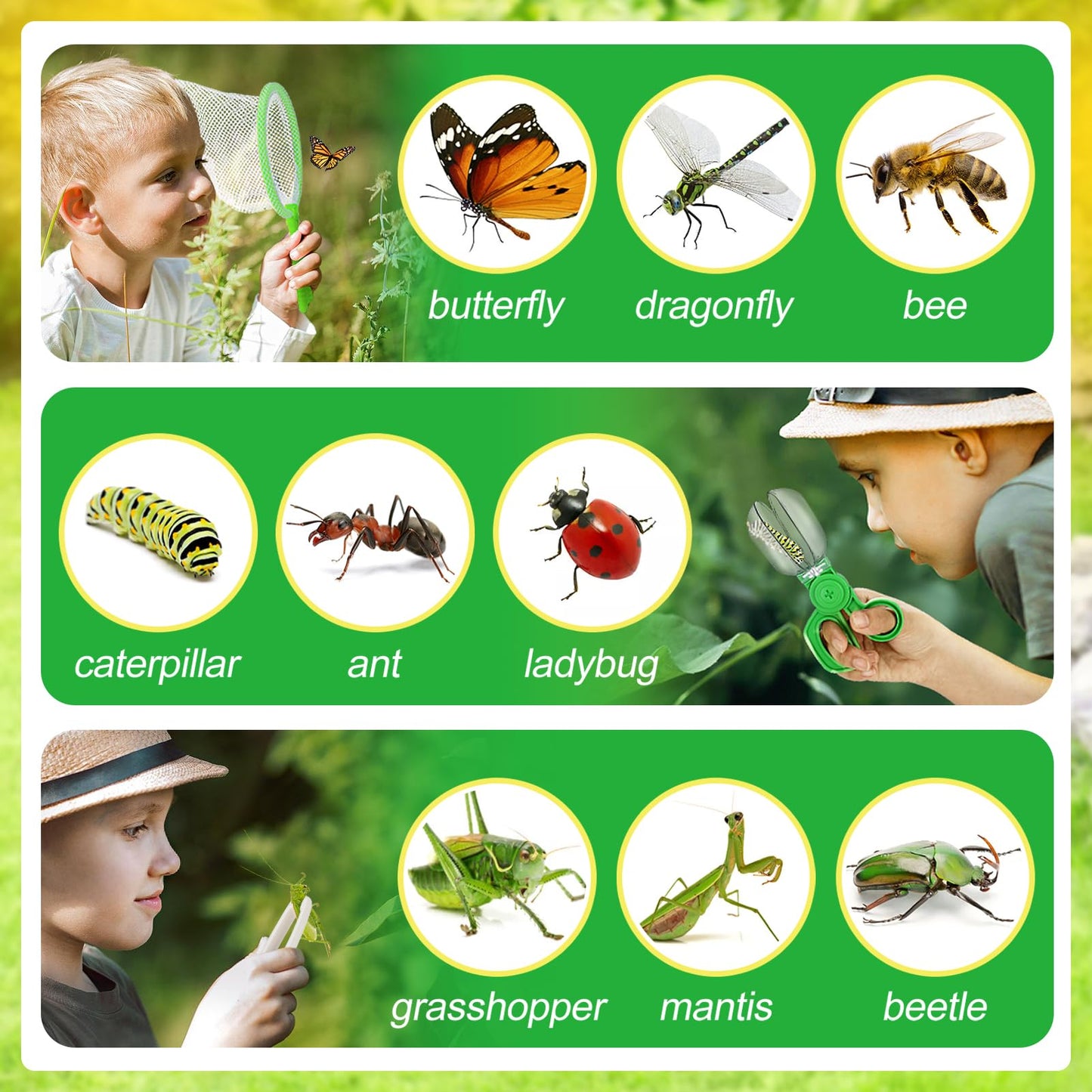Biubee Bug Catcher for Kids- Sturdy Bugs Catching Kit with Collector Butterfly Net Tweezer, Bug Habitat Outdoor Explorer Kit Gift for Kids Age 3 4 5 6 7 8, 8Pcs, Green