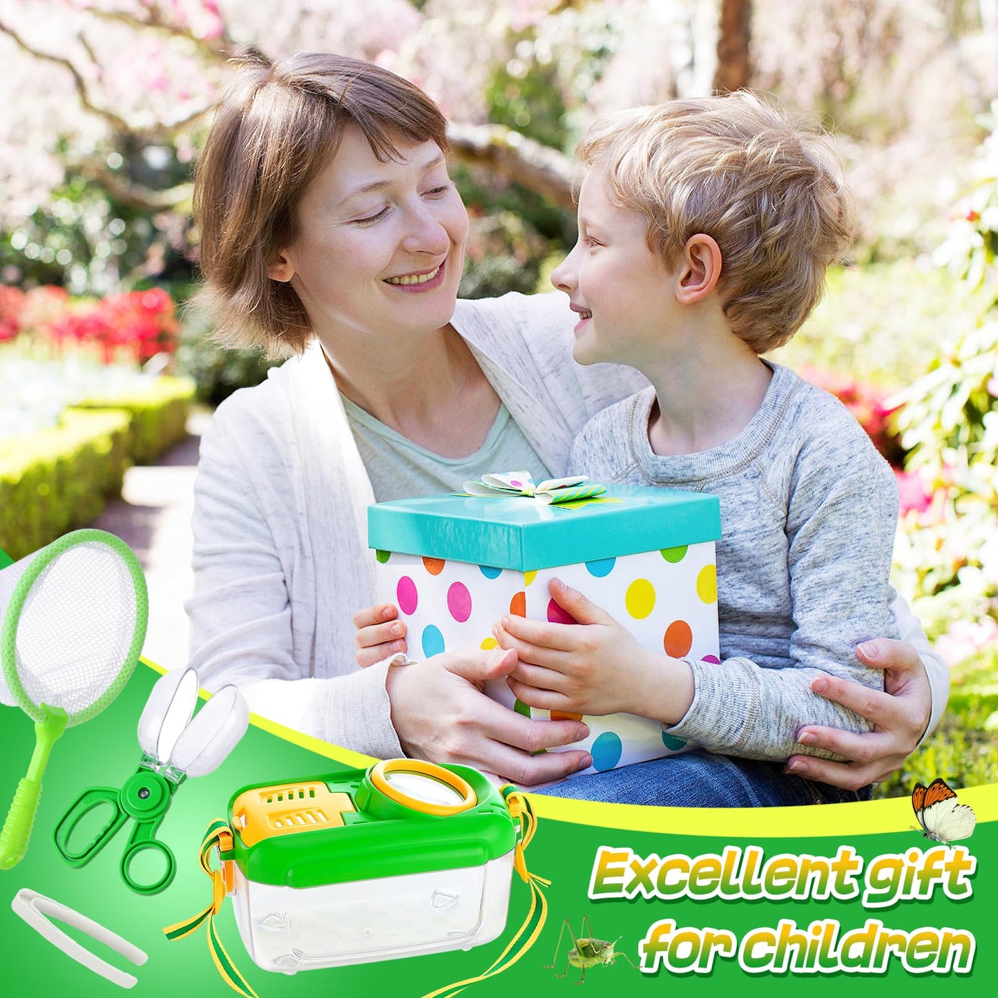 Biubee Bug Catcher for Kids- Sturdy Bugs Catching Kit with Collector Butterfly Net Tweezer, Bug Habitat Outdoor Explorer Kit Gift for Kids Age 3 4 5 6 7 8, 8Pcs, Green