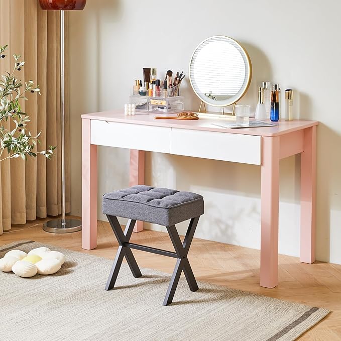 IBUYKE Square Makeup Stool with X-Leg Foot Rest, Linen Footrest, Ottoman Seat, Multi-Use as Small Side Table, for Bedroom, Living Room, Dark Gray LG-70G