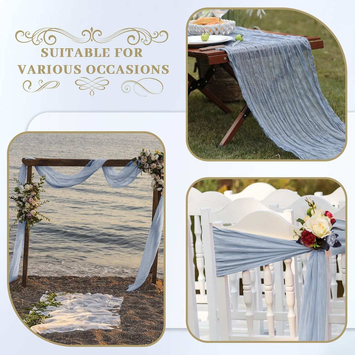Le courant 6pcs 10Ft Cheesecloth Table Runner, Rustic Boho Gauze Cheese Cloth Runner Table Runner for Weddings Bridal Baby Shower Birthday Holiday Parties Home Decor, Dusty Blue