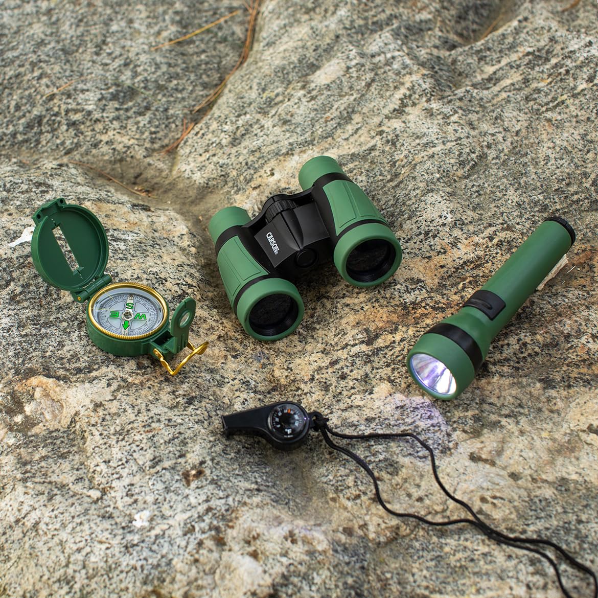 Carson AdventurePak Containing 30mm Kids Field Binoculars, Lensatic Compass, Flashlight and Signal Whistle with a Built-in Thermometer (HU-401), Multicolor