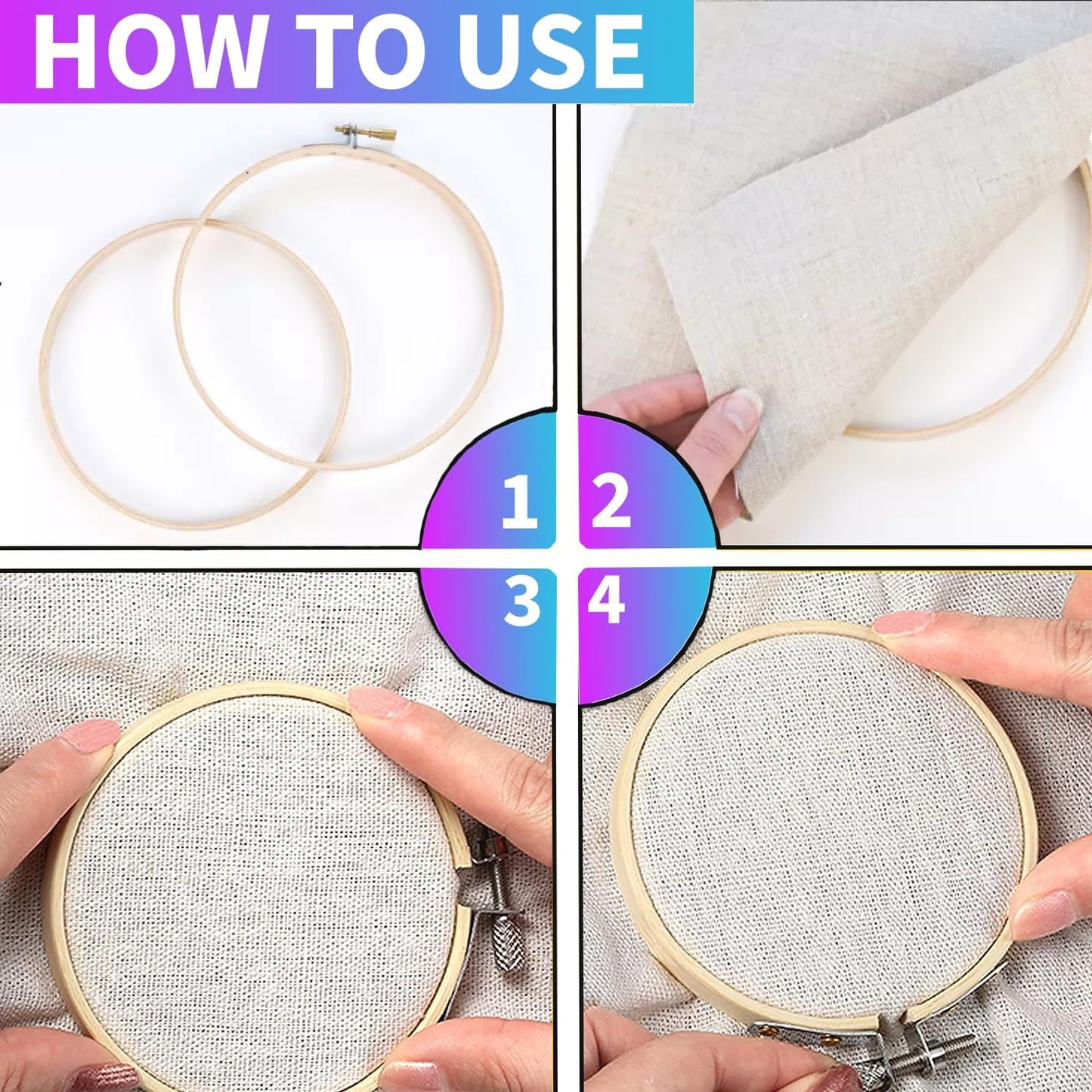 Embroidery Hoops 3 Pack Set: Premium Bamboo Wood Rings with Metal Tension Screw Brackets for DIY Cross Stitching, Sewing, Embroidered Craft Projects, Sizes 5, 7, 8, 9, & 10 in Diameter