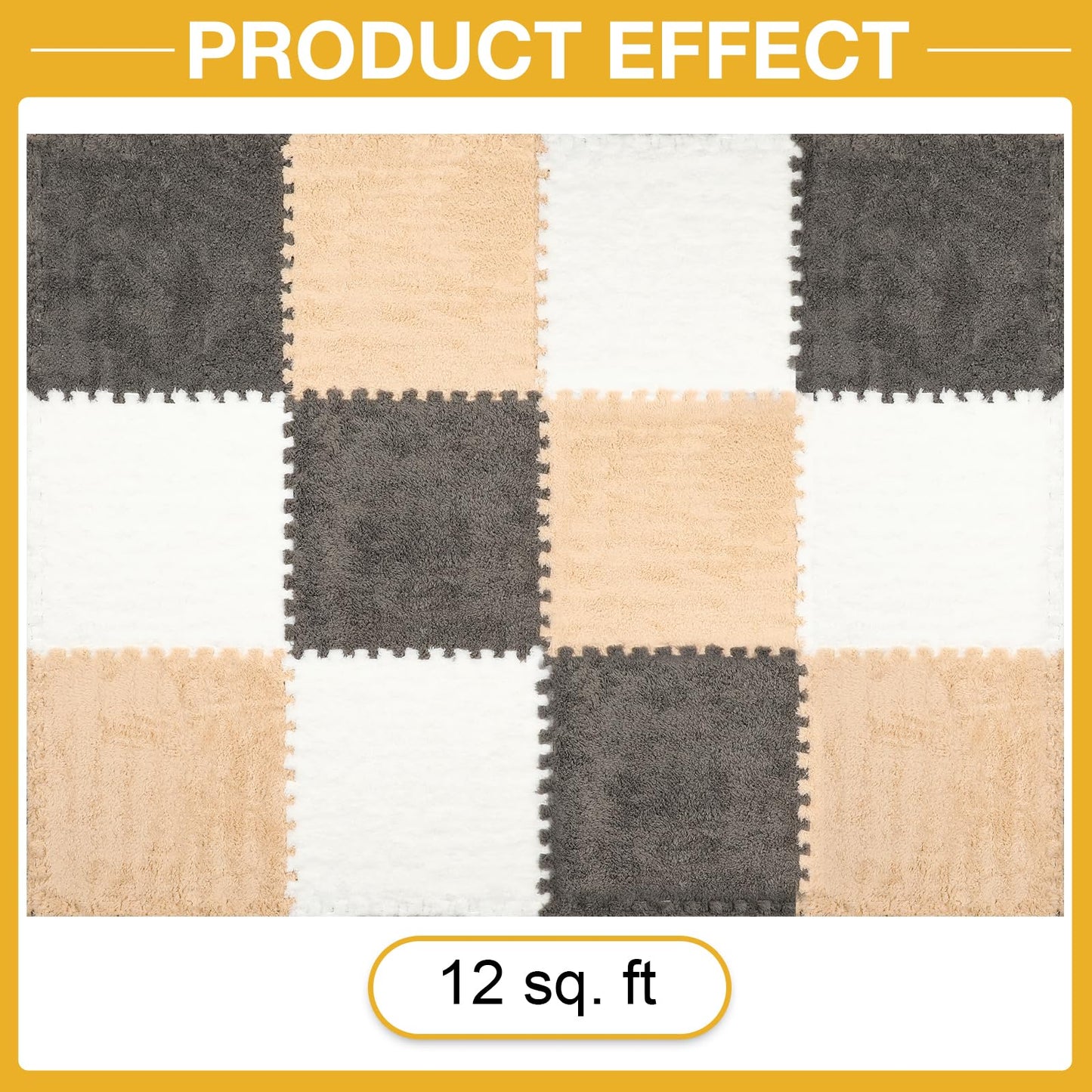 12 Pcs Plush Interlocking Carpet Tiles, Non-Toxic Foam Carpet Tiles for Toddler Baby, Anti-Slip, EVA Foam Interlocking Tiles for Floor, Nursery, Grey White Light Brown