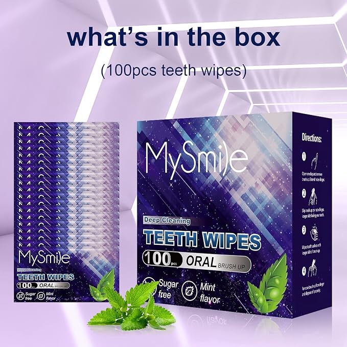 MySmile Teeth Wipes 100pcs Disposal Finger Brush Deep Cleaning Wipes Oral Brush Ups Tooth Wipes For Teeth Cleaning, Oral Freshes Mint Flavor