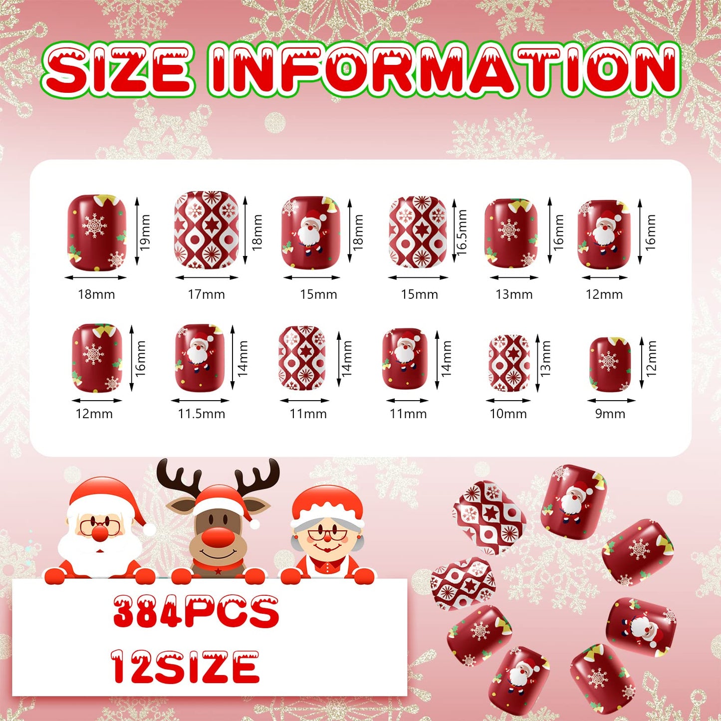 Kacctyen 384pcs 16pack Christmas Press on Nails Winter Square Short Red Fake Nails with Santa Elk Snowflake Pattern Glue on for Women Girls(Bright Pattern)