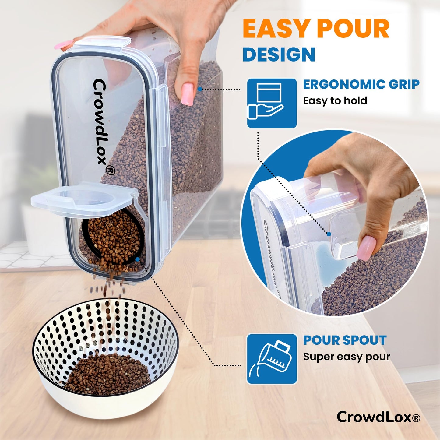 CrowdLox Cereal Storage Containers 4L Food Grade and BPA Free Sets with Lids Kitchen Storage & Organisation Food Containers Large Kitchen Organiser for Cornflakes (Single Unit)