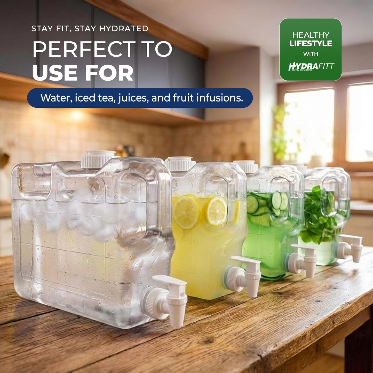 HydraFitt Refrigerator Water Dispenser 1.1 Gallon – Leak-Proof Slim Fridge Water Container with Spigot – BPA-Free Refillable Water Jug (Clear)