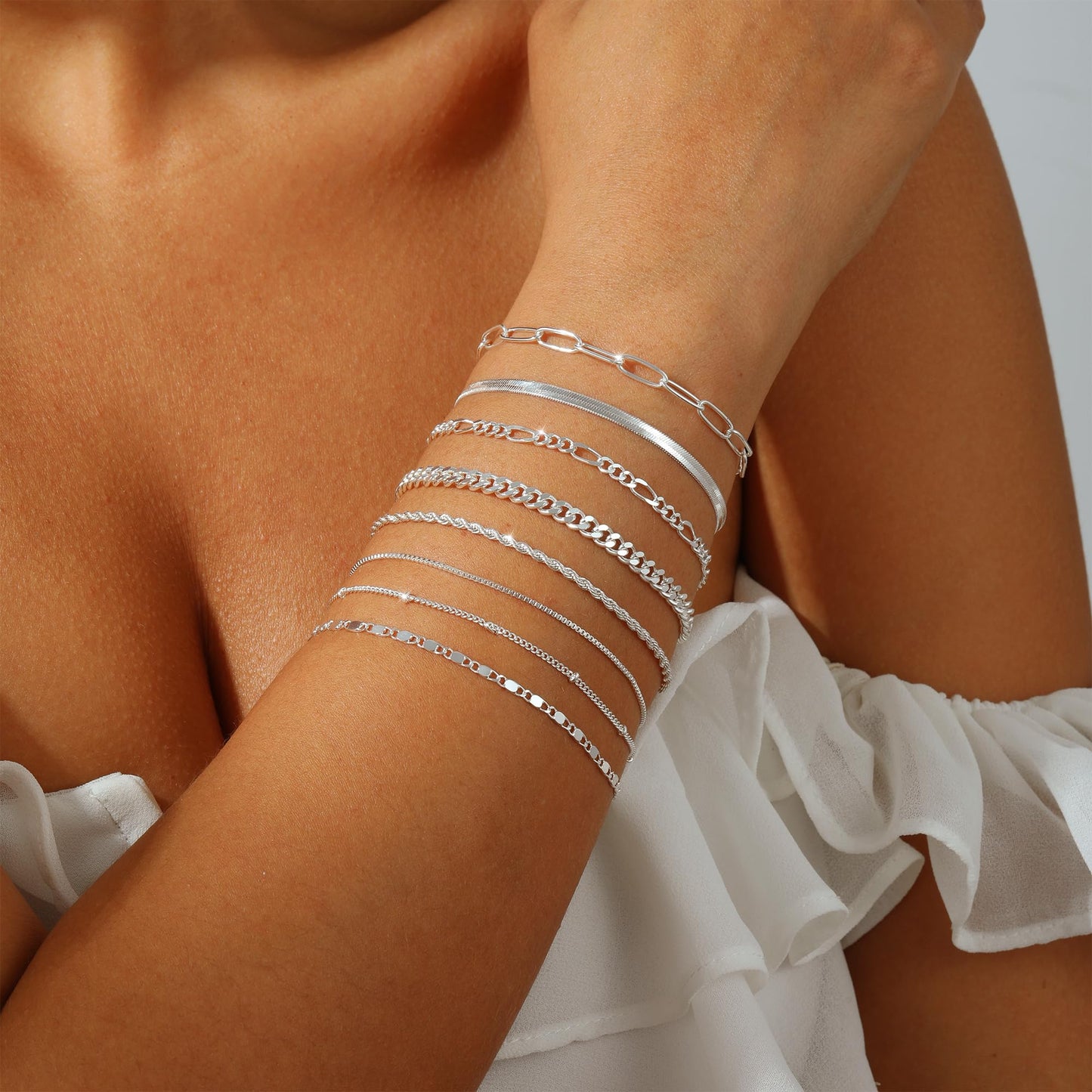 VIROMY silver Bracelets for Women Waterproof Layered Stackable Bracelet Adjustable Size Jewelry Sets Gifts 8PCS