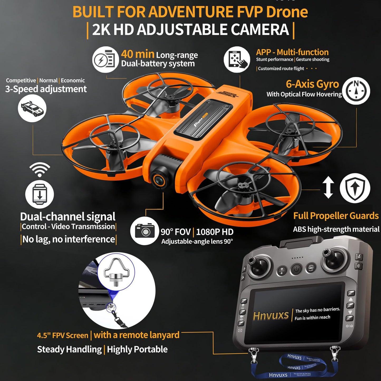 Hnvuxs Drone With Camera For Adults - 4.5” Fhd Screen Remote Control, 2k Dual Camera, 40 Min Flight, Brushless Motor, Obstacle Avoidance, Auto Hover,Follow Me, One Key Takeoff/Landing, 360° Flip, Includes 2 Batteries, Perfect Mini Drone For Kids And Begin