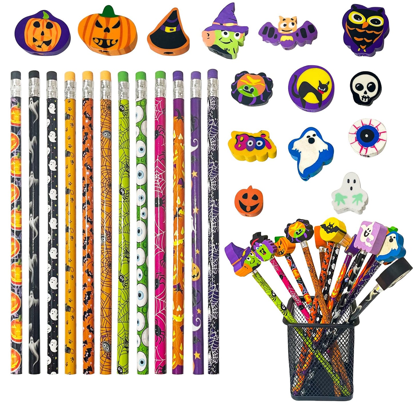 JXITON 24pcs Halloween Pencils with Eraser Toppers Ghost Pumpkin Wooden Pencils for Halloween Goodie Bag Fillers Supply