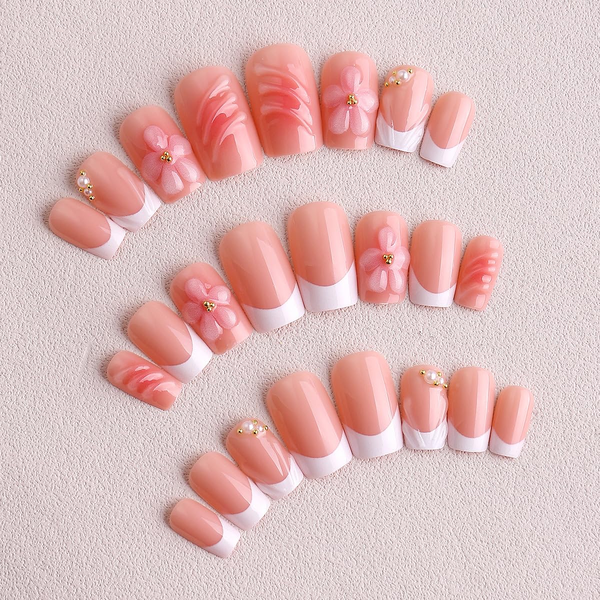 Medium Press on Nails Square White French Tip Fake Nails with 3D Flower Shell Rhinestone Pearl Design Full Cover Spring Stick on False Nails for Women 24 Pcs