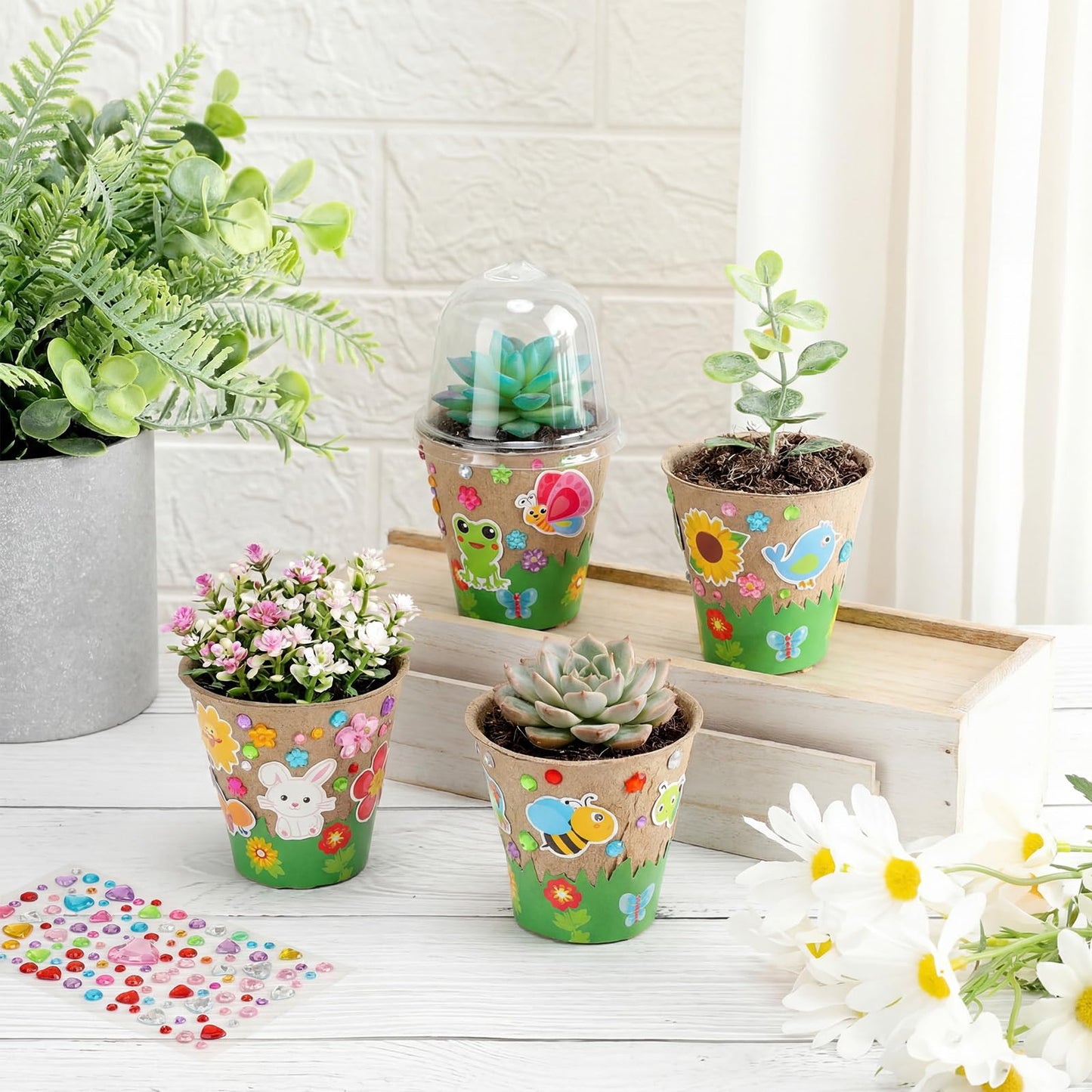 Motipuns 15 Set Summer Garden Paper Pot Craft Kit Include Plant Flower Peat Pots with Domes 4 Sheet Rhinestones Jewels Stickers and Adhesive Stickers Set for Spring DIY Craft