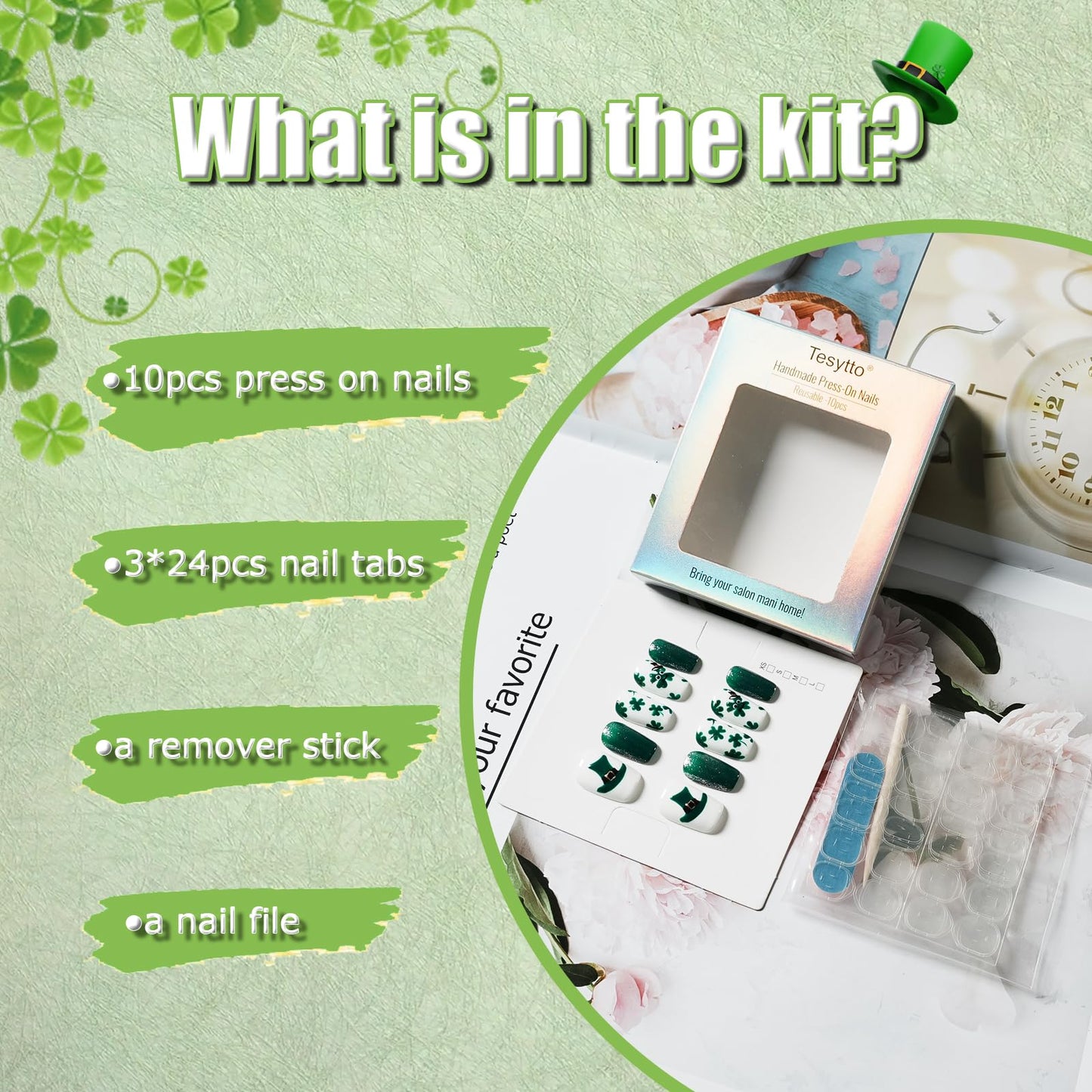 Tesytto Medium Coffin Press On Nails, Green Glitter & White Fake Nails with 3D Green Hat & Clover Print, Handmade Acrylic Nails Glossy Full Cover False Nails (Size L)
