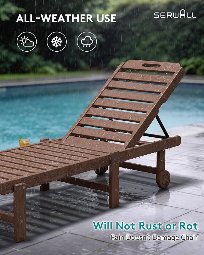 SERWALL Outdoor Chaise Lounge Set of 2 with 9FT Umbrella, HDPE Pool Lounge Chair with 5-Position Adjustable Backrest, Patio Lounger with Rolling Wheels & Cup Holder for Pool, Brown