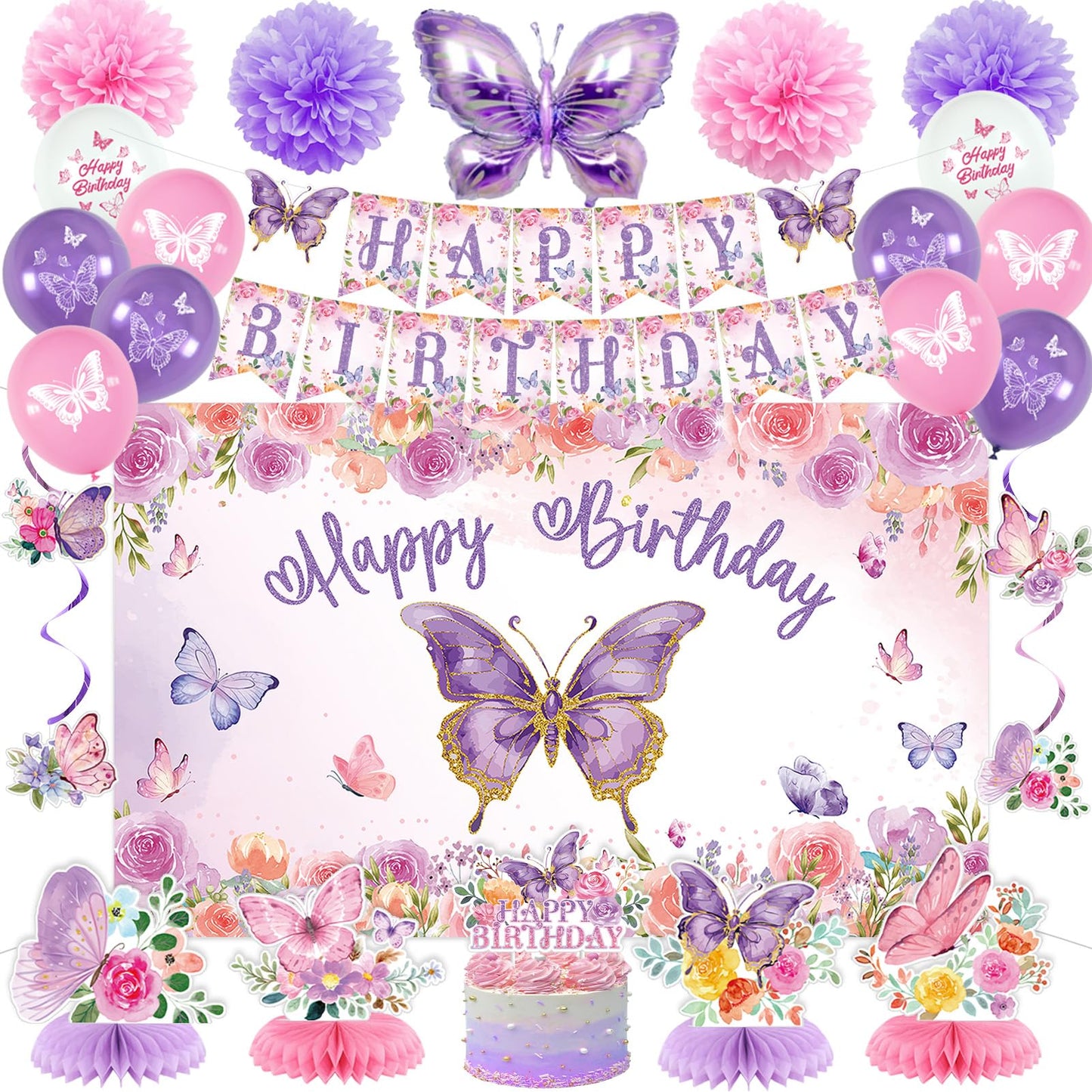 Roetyce Butterfly Decorations, 37PCS Happy Birthday Banner Balloons Honeycomb Centerpieces Cake Topper Kit, Purple and Pink Party Decorations