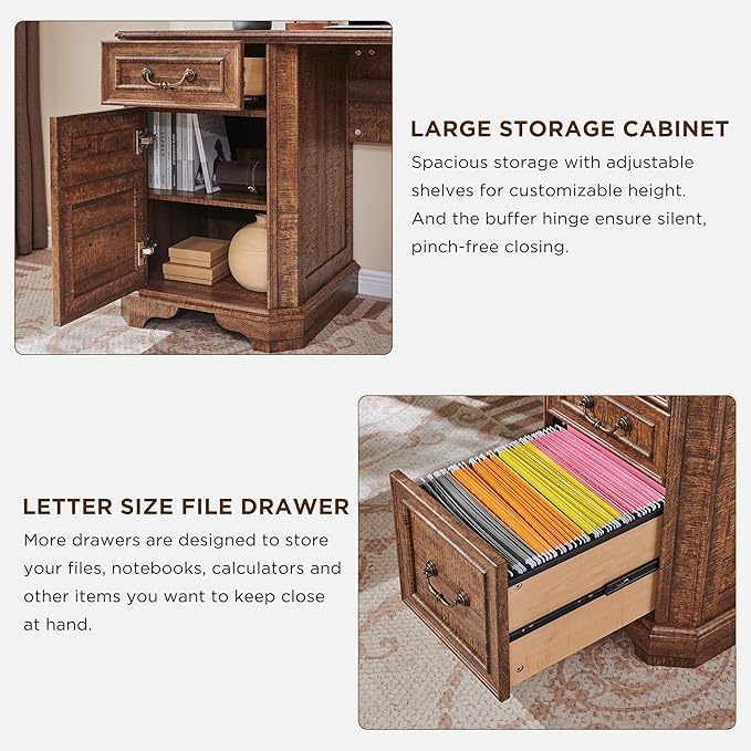 T4TREAM 59" Executive L Shaped Desk with Drawers,Farmhouse Wood Computer Coner Desk,Featuring Charging Station,File Drawer, Storage Cabinet,for Home Office Work and Study (Reclaimed Barnwood)