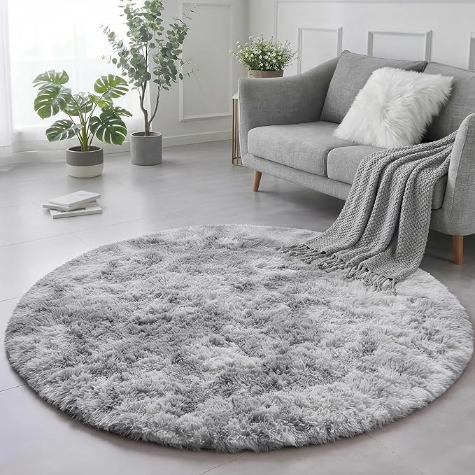 Amdrebio Tie-Dyed Light Grey Round Area Rug 4Ft for Bedroom Living Room, Soft Fluffy Circle Circular Rugs for Kids Room, Home Office Decor, Modern Floor Shag Fuzzy Farmhouse Gray Carpet for Teen Boys