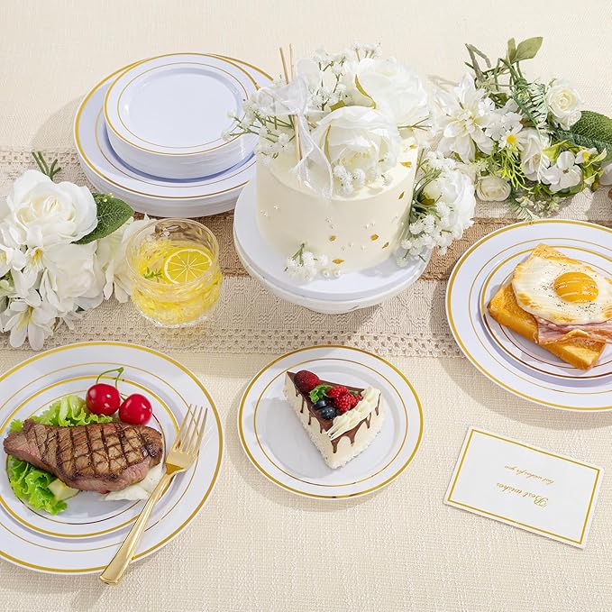 100PCS Gold Plastic Plates, 10 Inch Plates Disposable Dinner Plate Party with Gold Rim, Heavy Duty Disposable Plastic Plate for Party, Wedding and Birthday